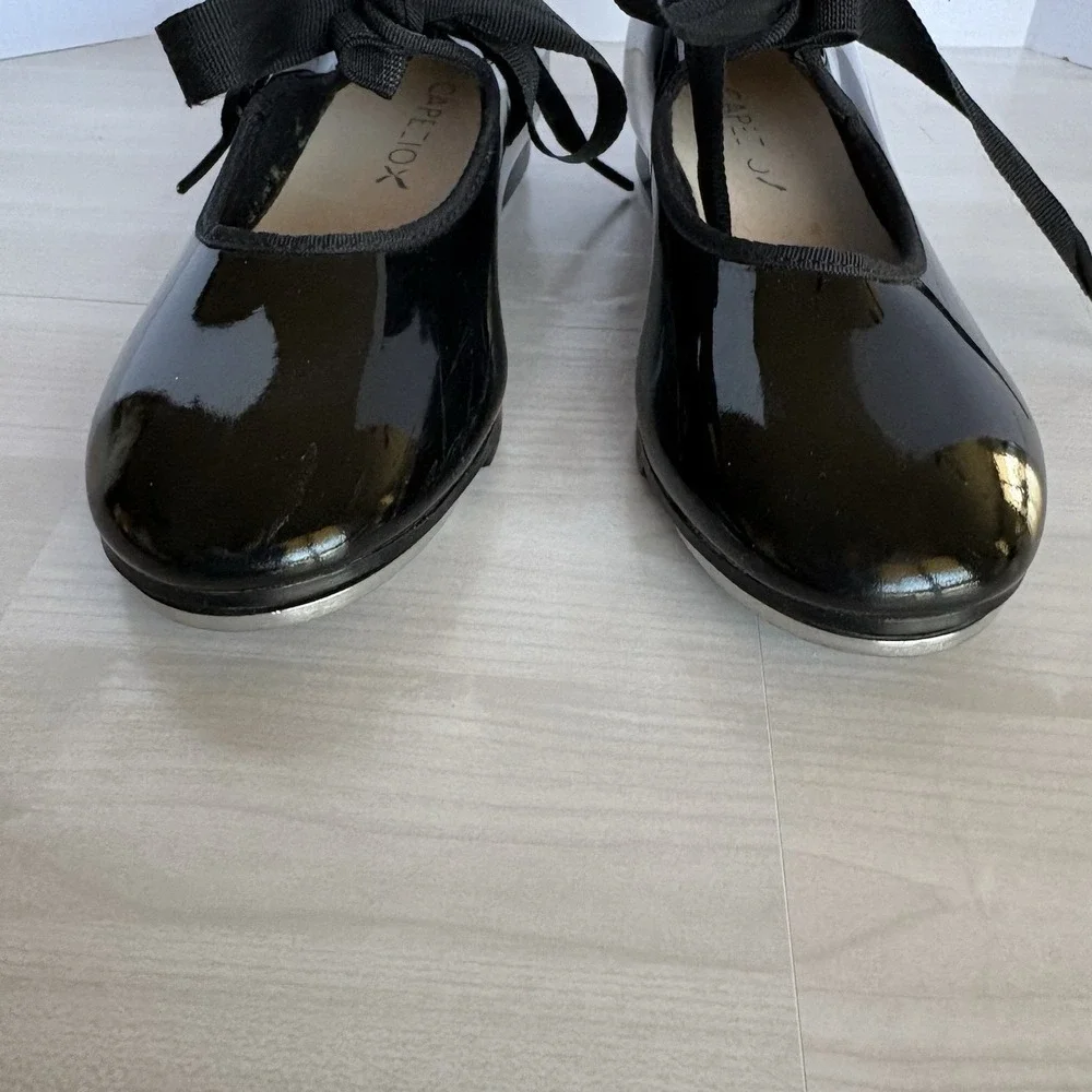 Capezio TeleTone Tap Shoes‎ Black Patent Lace Up Size Youth 13.5 M EUC